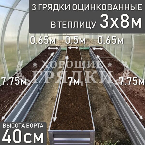 Грядки оцинкованные в теплицу 3x8 м (40 см) - 3 шт.